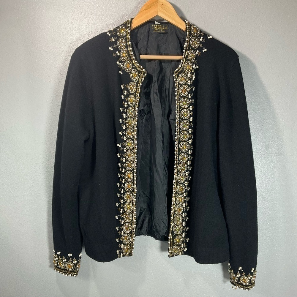 Isabella Vintage embroidery cardigan black with gold jewels size 44 Made in Rome